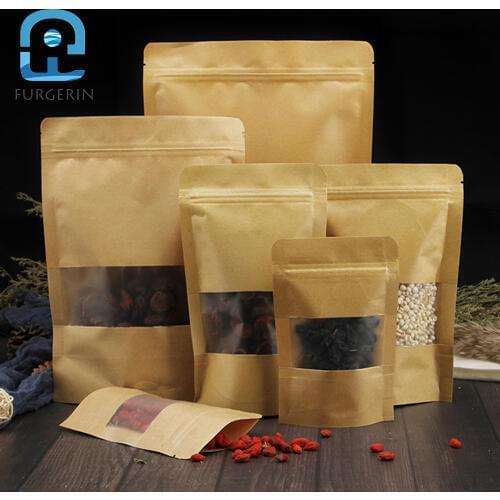 FURGERIN 10pcs Brown Kraft Paper Bag stand up zip bag for food packaging bags window Eco Friendly Reusable Produce Bags