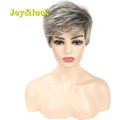 Joy&luck Short Wig Blonde Ombre Brown Straight Synthetic Wigs Full Wigs with Bangs Hair Style for Men or Women Cosplay Wig