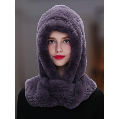 Rabbit fur hood Volume hats for women winter warm novelty knitted fur scarf hat stylish fashionable genuine large female fur hat