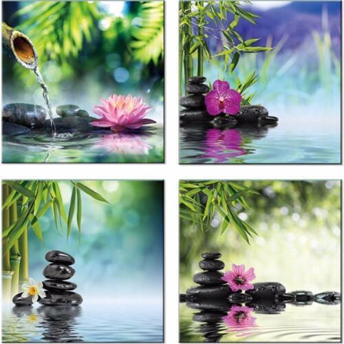 Canvas Painting Wall Art Picture Decoration Green Bamboo Pink 4 Panel Modern Zen Stone Canvas Painting Giclee Art