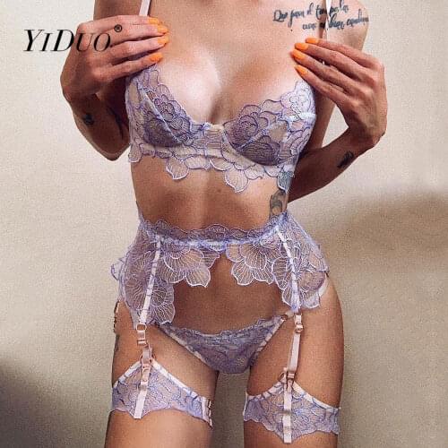 YiDuo Sexy Lace Lingerie Set See Through Underwear Set Woman Transparent Floral Bralette And Thong 3 Piece Bra Set Night Wear