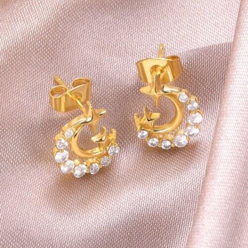 Korean Moon Star Crystal Stud Earrings For Women Fashion Brand Wedding Party Bridal Jewelry Gift 2021 New