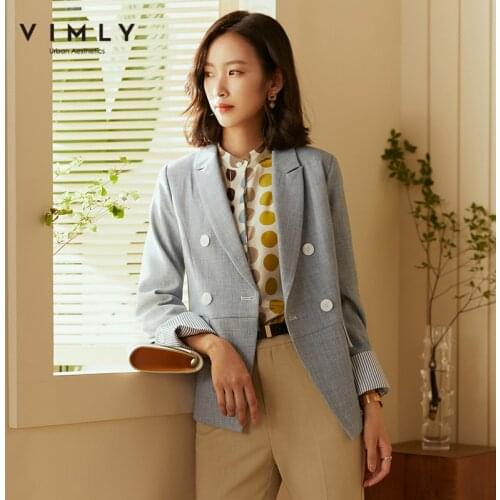Vimly Autumn Elegant Blazers and Jackets Women Notched Double Breasted Slim Suit Vintage Female Coat F1722