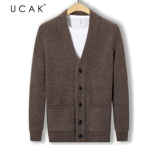 UCAK Brand Casual Turn-down Collar Cardigans Men Sweatercoat Clothing Autumn Streetwear Solid Color Cardigan Pull Homme U1233