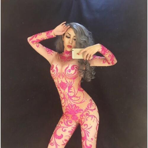 2020 Women New Pink Diamond Queen Sparkling Rhinestone Jumpsuit Christmas Celebrate Nightclub Performance Performance Bodysuit
