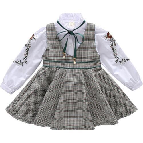 2019 spring new dress set Girl Embroidered T-Shirt Tank Dress Set Girls Long Sleeve T-Shirt Plaid dress Set Girl bow dress