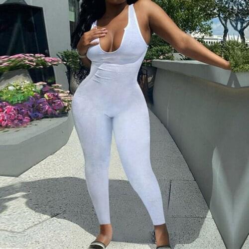 OMSJ 2021 Women Sexy Casual Knitting Ribbed Solid Color Jumpsuits Straps Bodycon Low Cut Summer Slim Rompers Overalls Streetwear