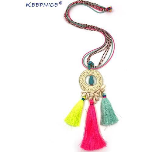 New handmade weave pendant Necklace Boho leather cord chain unique Bohemia long fringe pendants Necklaces for summer women
