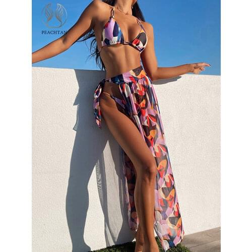 Peachtan Brazilian micro bikini 2021 Print swimsuit women Triangle swimwear female Skirts 3 pieces set Elegant bathing suit new