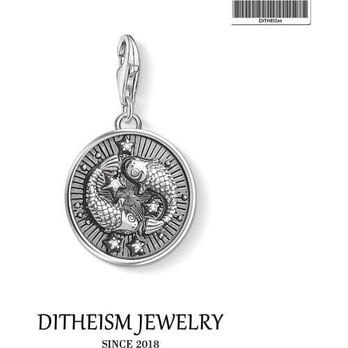 Zodiac Sign Pisces Blackened Charms Pendant,2019 Autumn Fashion Jewelry 925 Sterling Silver Gift For Women Men Fit Bracelet