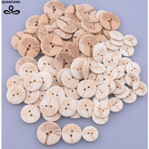QUANFANG 2 Holes Wooden Button For DIY Scrapbooking Patchwork Sewing/Decorative Button For Crafts Home Decoration Carved Tree