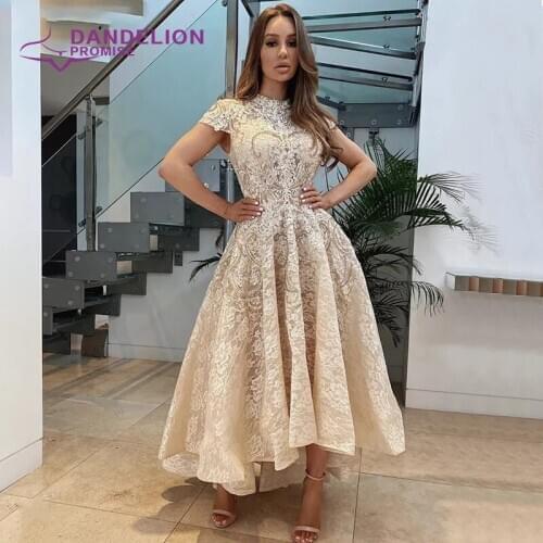 Luxury High Neck Asymmetrical Evening Dresses 2020 Cap Sleeves Lace Beading Muslim Prom Gowns For Women