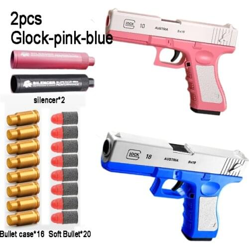 Pull-back Manual Version Throw Shell Bounce Glock Guns Toy With Silencer EVA Soft Bullets Shooting Boys Gifts for Kids Children