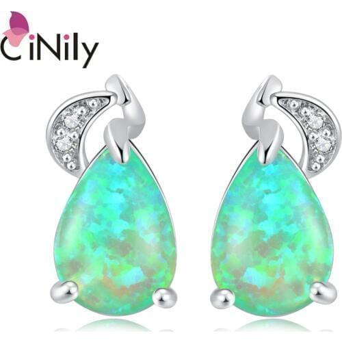CiNily Green Fire Opal Stud Earrings Silver Plated Large Teardrop Stone Zirconia Crystal Filled Earring Party Jewelry Gift Women
