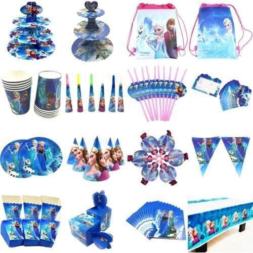 Disney Forzen Theme Princess Elsa Anna Tableware Girl Birthday Party Paper Cup Plate Straw Napkin Mask Cap Tablecover Supply
