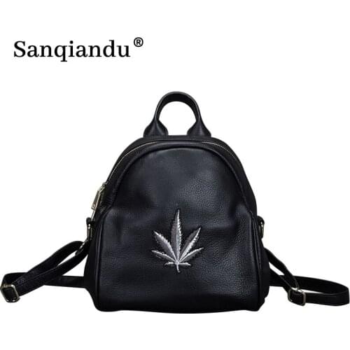 Vintage Genuine Leather Women Backpack Cowhide Embroidery Backpacks Luxury Ladies Mochila 2021 New Design Girls Travel Bagpack