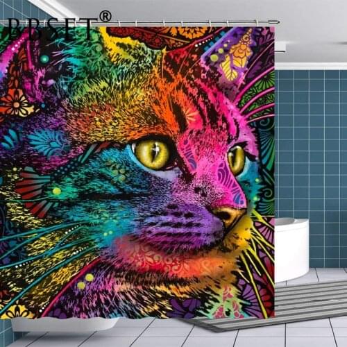 Funny Animals Shower Curtain Colorful Cat with Yellow Eyes Pattern Waterproof Multi-size Douchegordijn Bathroom Decor with Hooks