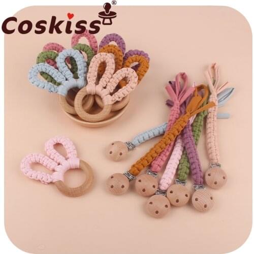 Coskiss 1set Beech Wood Clips Handmade Cotton Pacifier Clips Chain And Crochet Bunny Ears Baby Nursing Pacifier Chain Gift