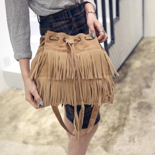 Chic Women Solid Color Fringe Tassels Drawstring Crossbody Shoulder Suede Bucket Bag wholesale