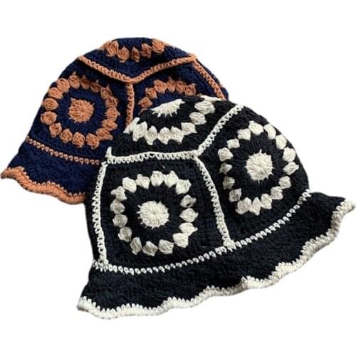 2021 Women Hollow Flower Knitted Fisherman Hat Handmade Crochet Color Matching Basin Caps Spring and Summer Sunscreen Sun Cap