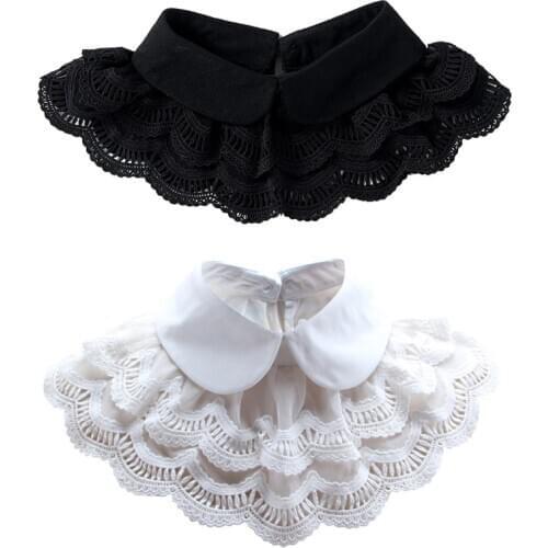 Women Double Layer Lace Chiffon Lapel False Fake Collar Scalloped Solid Color Detachable Necklace Choker Decorative Shawl