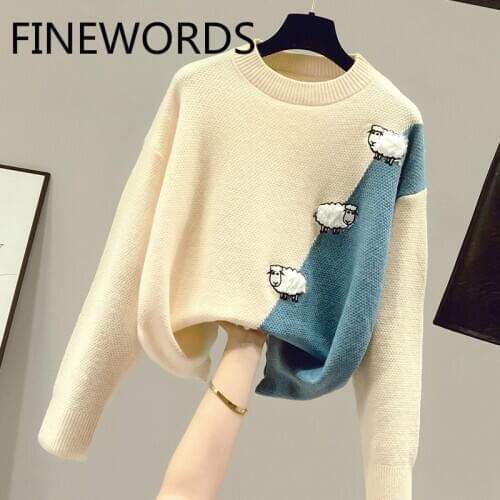 FINEWORDS Harajuku Kawaii Sheep Embroidery Winter Knit Sweater Women Vintage Casual O Neck Pullovers 2020 Autumn Swetry Damskie