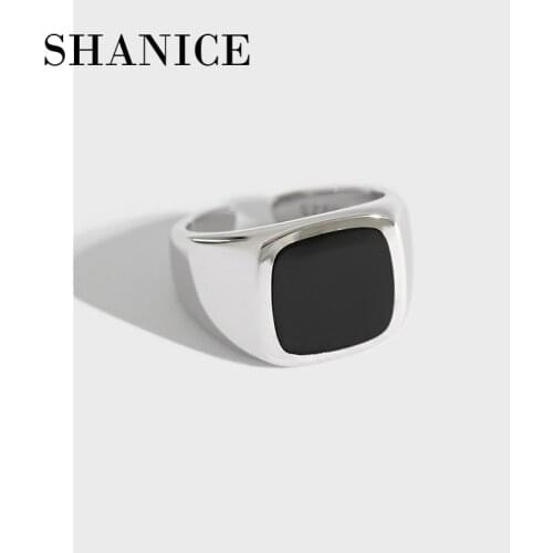 SHANICE 925 Sterling Silver Open Rings Simple Geometric Square Black Glue Ring For Women Ladies Girls Finger Bague Fine Jewelry