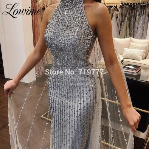 Silver Beading Women Evening Dress Romantic Mermaid Party Dresses Beaded Crystals Turkish Kaftans Saudi Arabic Prom Gowns 2020