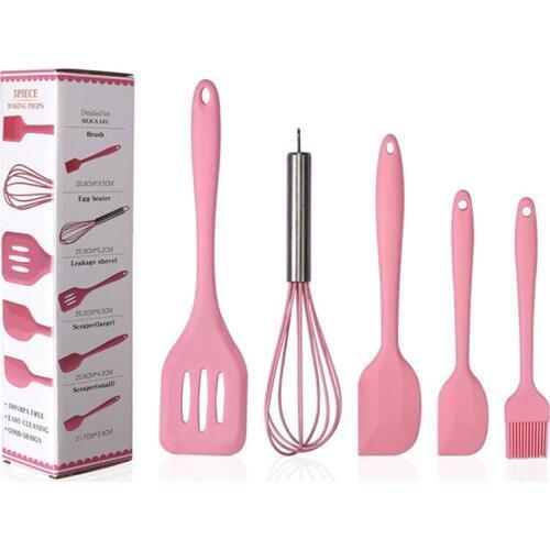 5Pcs/Set Pink or Red Silicone Cooking Tool Sets Egg Beater Spoon Spatula Oil Brush Kitchenware Kitchen Utensils Sets with Box