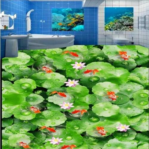 Beibehang Large custom flooring lotus leaf pond pond kimura water nine fish picture bathroom bedroom 3D thickened floor