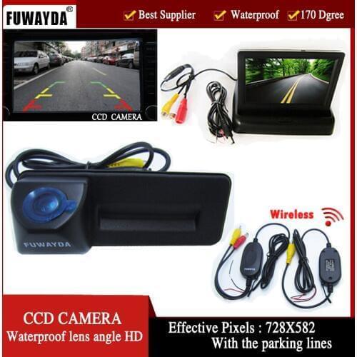 Wireless car trunk handle reverse parking rearview camera with monitor for Skoda Roomster Fabia Octavia Yeti superb for Audi A1