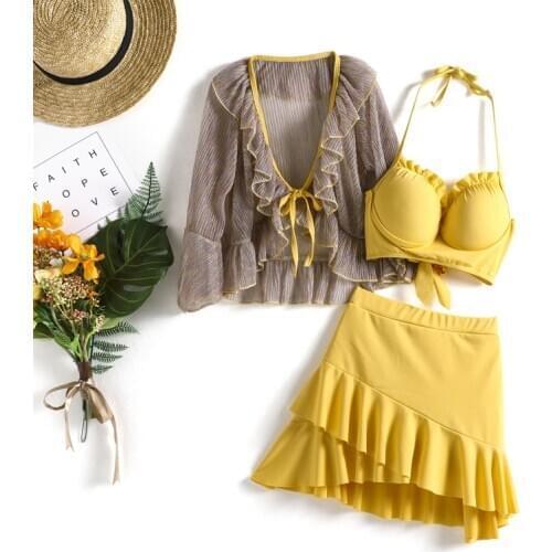 3 Piece Bikini Women Solid Yellow Long Sleeve Mesh Push Up Brazilian Swimwear Beach Bathing Suit Skirt Ruffle Swimsuit Biquini