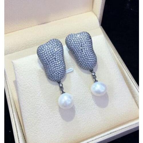 Noble jewelry a pair 9-10mm freshwater Japanese AKoya white pearl crystal zircon earring 925 Sterling Silver