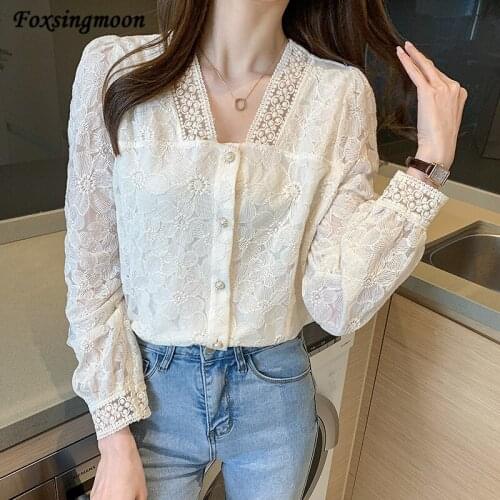 Floral Women Blouses Korean 2021 Fashion Elegant Blouses Spring Autumn New Apricot Shirt Blouse V Neck Long Sleeve Womans Shirt