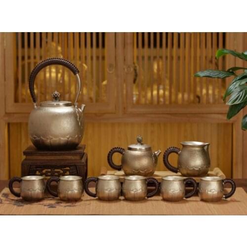 Silver pot 999 sterling silver handmade tea set Japanese retro teapot kettle home tea ceremony Kungfu tea set 800ml