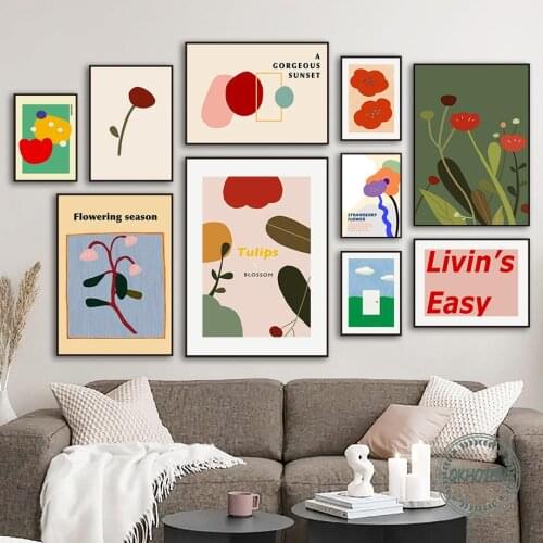 Colorful Illustration Blossom Flowers Leaf Canvas Painting Abstract Cloud Poster Nordic Wall Art Pictures Living Room Home Decor