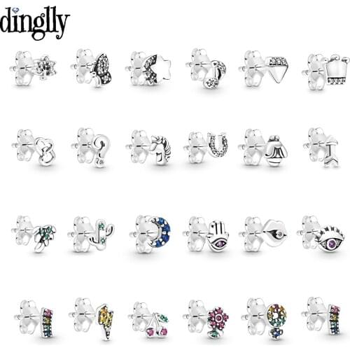Dinglly Silver Color Heart Unicorn Crown Earring For Women Original Lightning Moon Lovers Love Lips Symbol Lucky Simple Earring