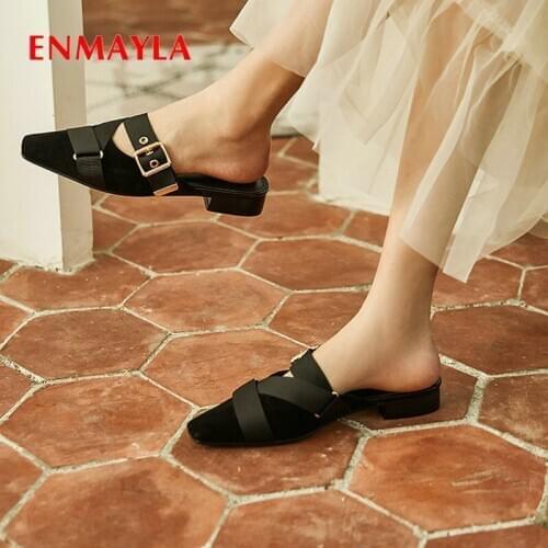 ENMAYLA Kid Suede Summer Outside Shoes Woman Solid Buckle Square Heels 2020 Slippers Women Fashion Square Toe Womens Shoes