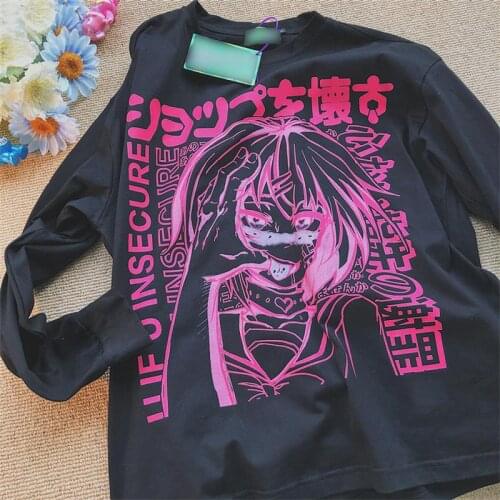 Y2K Punk Goth autumn Anime print OverSized T-shirts Streetwear Harajuku Summer Kawaii Female clothing Long sleeve Grunge Vintage