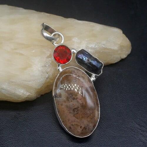 Gemstonefactory Jewelry Big Promotion 925 Silver Natural Ocean Jasper Garnet Biwa Pearl Women Ladies Gifts Necklace Pendant 1186