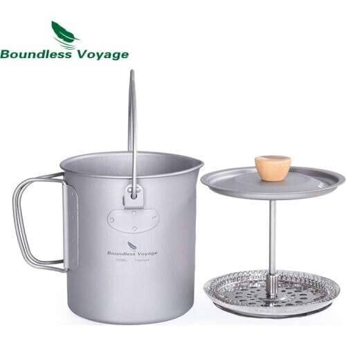 Boundless Voyage Titanium Camp Coffee Pot with French Press Device Outdoor Portable Mug with Filter Capacity 750ml Max Ti1581A