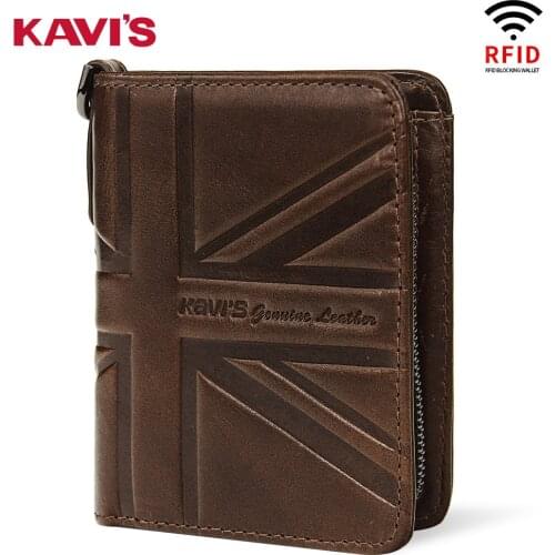 Leather Mens Wallet Kavis Retro Cowhide Zipper Coin Purse Anti-rfid Short Card Holder Chain Wallet High Quality Male Purses