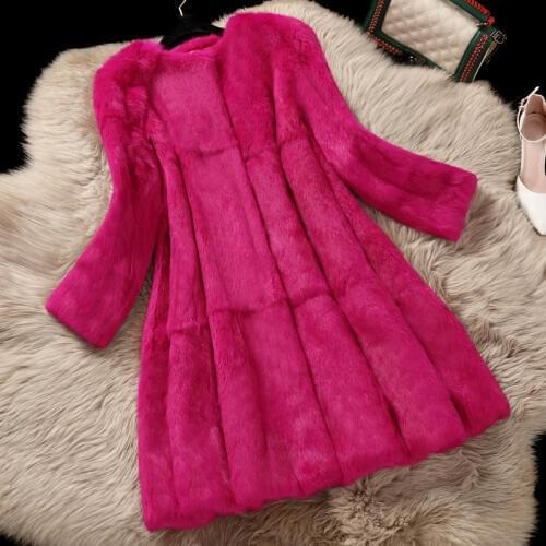 2017 Korean Style Lady Real Rabbit Fur Coat Jacket O-Neck Autumn Winter Women Fur Trench Outerwear Coats Garment VF1088