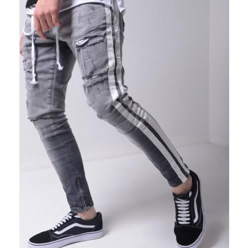 Men Stretchy Ripped Skinny Biker Embroidery Print Jeans Destroyed Hole Taped Slim Fit Denim Scratched High Quality Jean