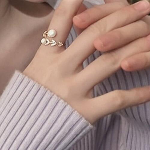 [real gold plating] Korean leaf pearl minority design cool wind personalized opening ring index finger ring