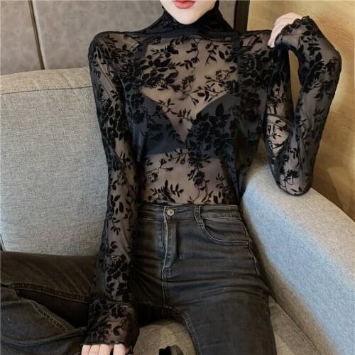 Girls Transparent Flocking Mesh T Shirts Tees Female Turtleneck Sexy Full Sleeve Tops For Women