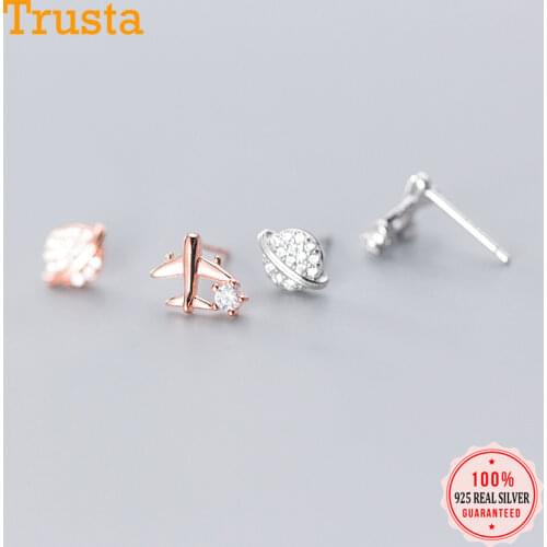 Trustdavis Authentic 925 Sterling Silver Twinkling Plane Planet Stud Earrings For Women Aircraft Valentines Day Gift DA595