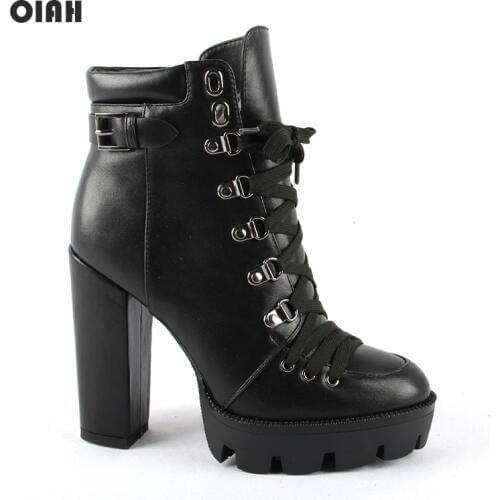 Spring Autumn Ankle Boots Women Platform Boots Rubber Sole Lace Up Black Leather PU High Heels Shoes Woman Comfortable Size 43