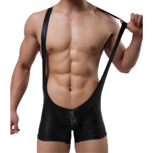WOXUAN Stretch Tight Unitard Leotard Sexy Mens Faux Leather Bodysuit Boxers Jumpsuits Wrestling Singlets Lingerie Gay Jockstrap