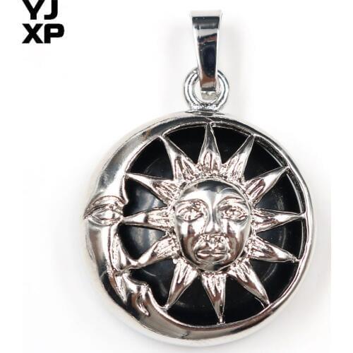 YJXP Classic Style Silver Plated Round Sun Locket Black Agates Pendant Fashion Jewelry
